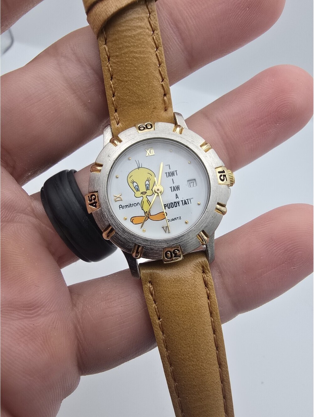 Armitron Looney Tunes Tweety Bird Two Tone Date Watch Tan Leather Band 1994